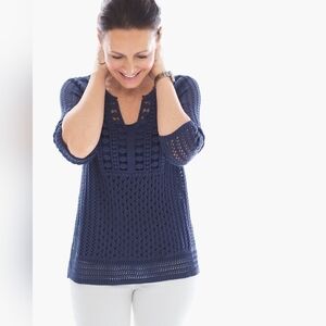 CHICO'S Size 1 US S Blue Open Knit Crochet Pullover 3/4 Sleeve Top Tunic